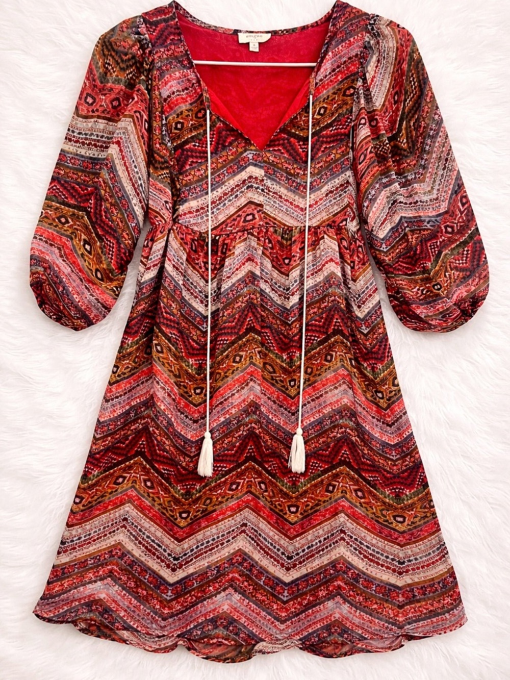 Umgee Red Multi Chevron Print Peasant Blouse